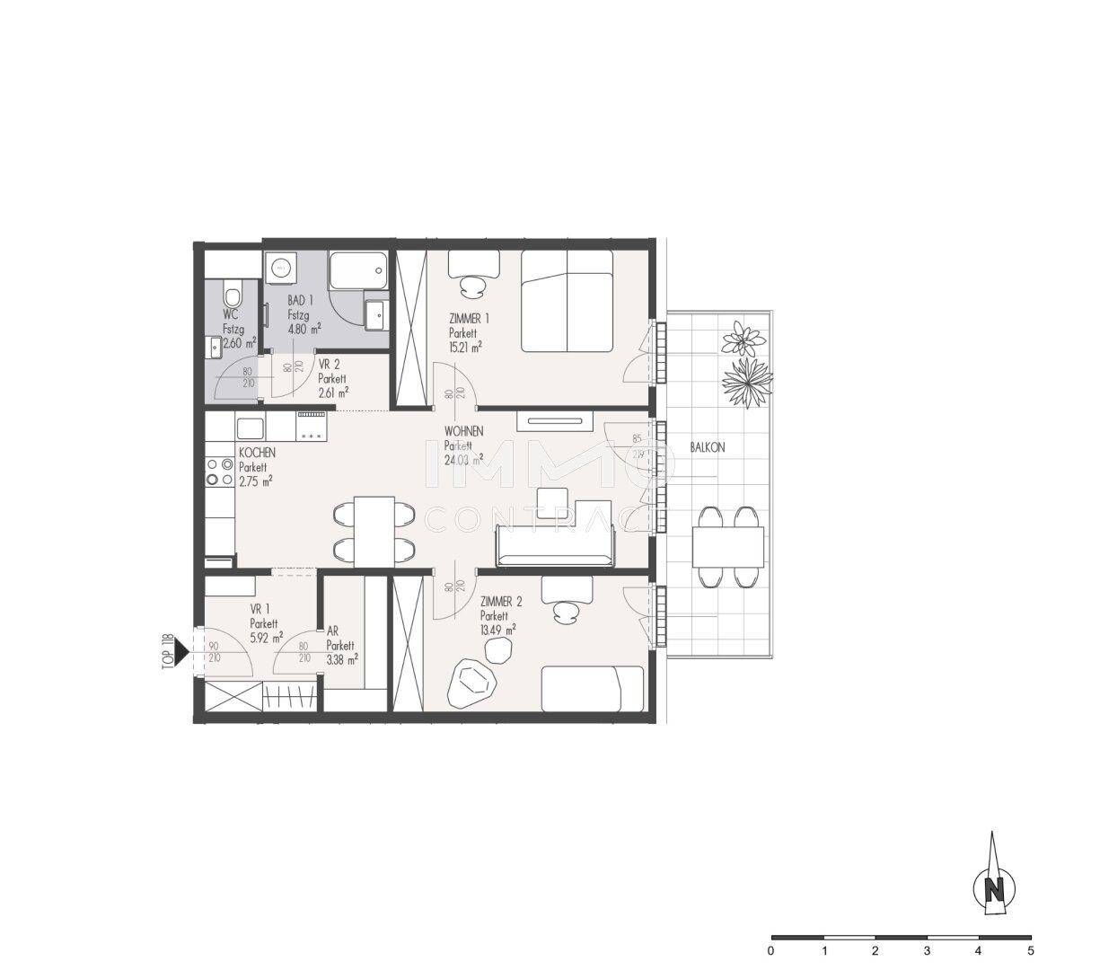 Grundriss einer Wohnung mit zwei Schlafzimmern, offenem Wohnbereich und Balkon.