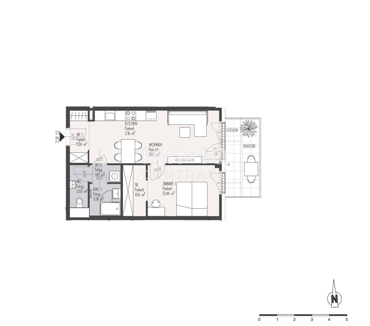 Grundriss einer Wohnung mit Küche, Wohnzimmer, Schlafzimmer, Bad, WC, Loggia und Balkon.