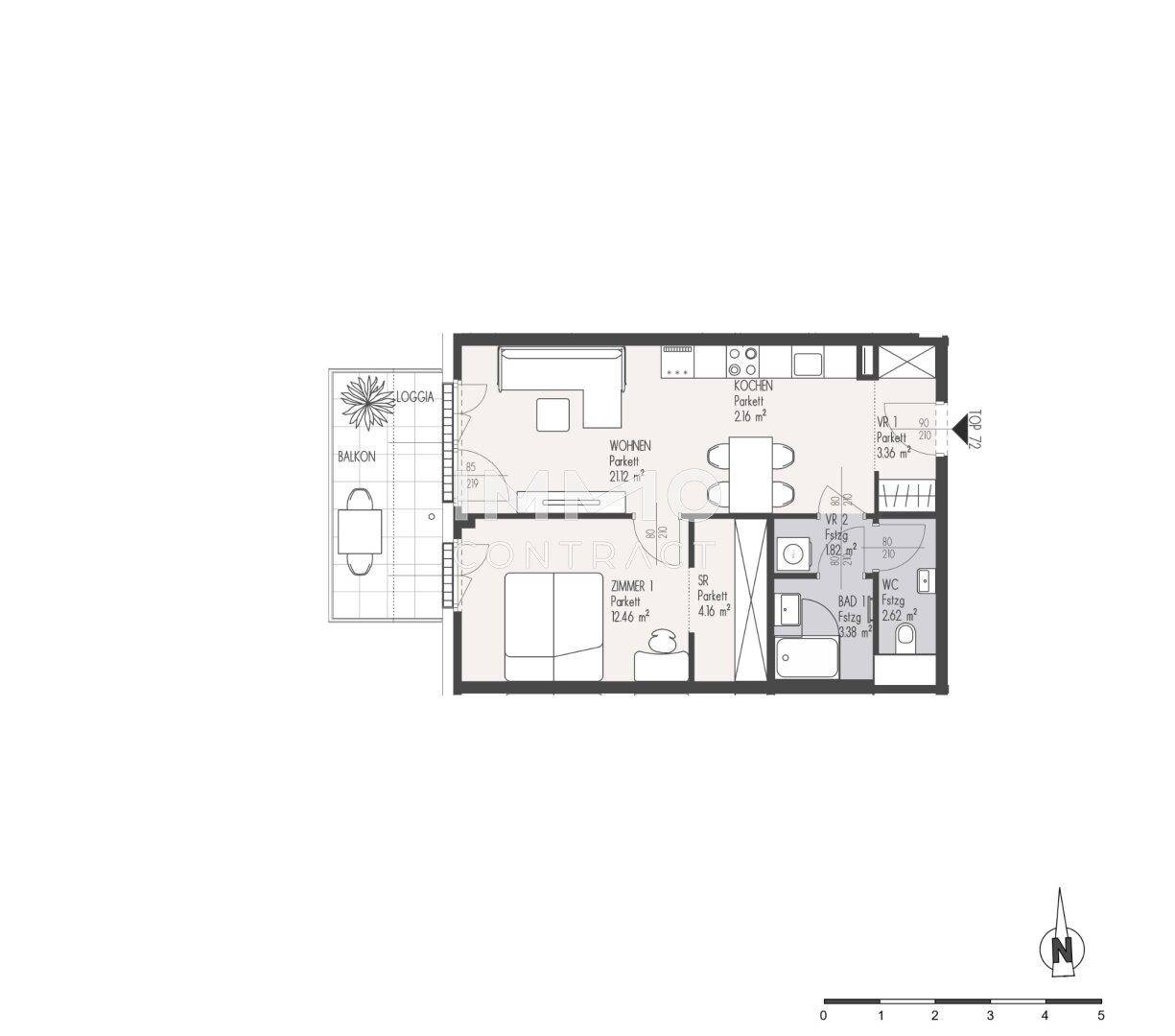 Grundriss einer Wohnung mit Wohnbereich, Schlafzimmer, Bad, WC, Loggia und Balkon.