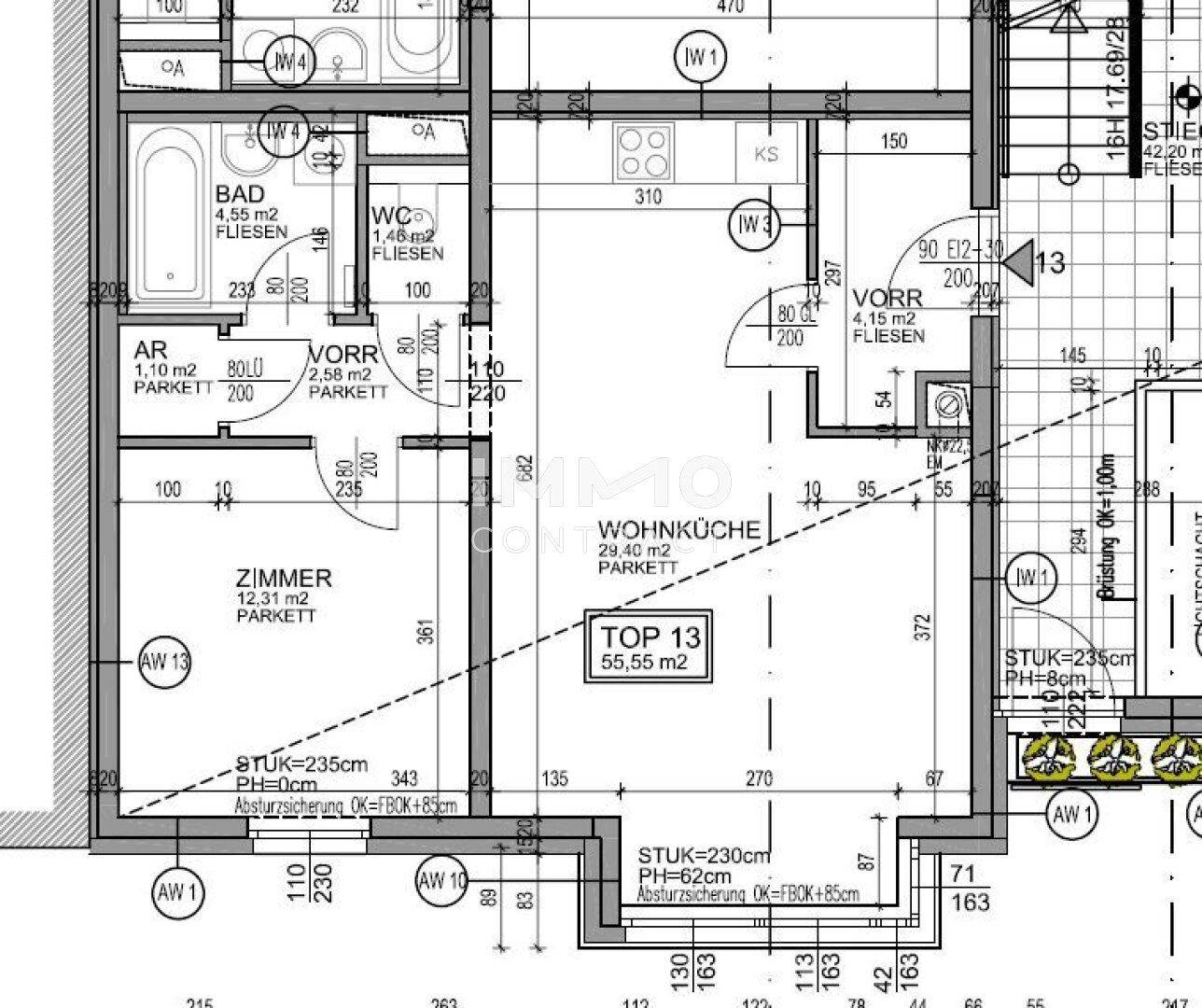 Grundriss einer Wohnung mit Wohnküche, Zimmer und Bad, inklusive Flächenangaben.