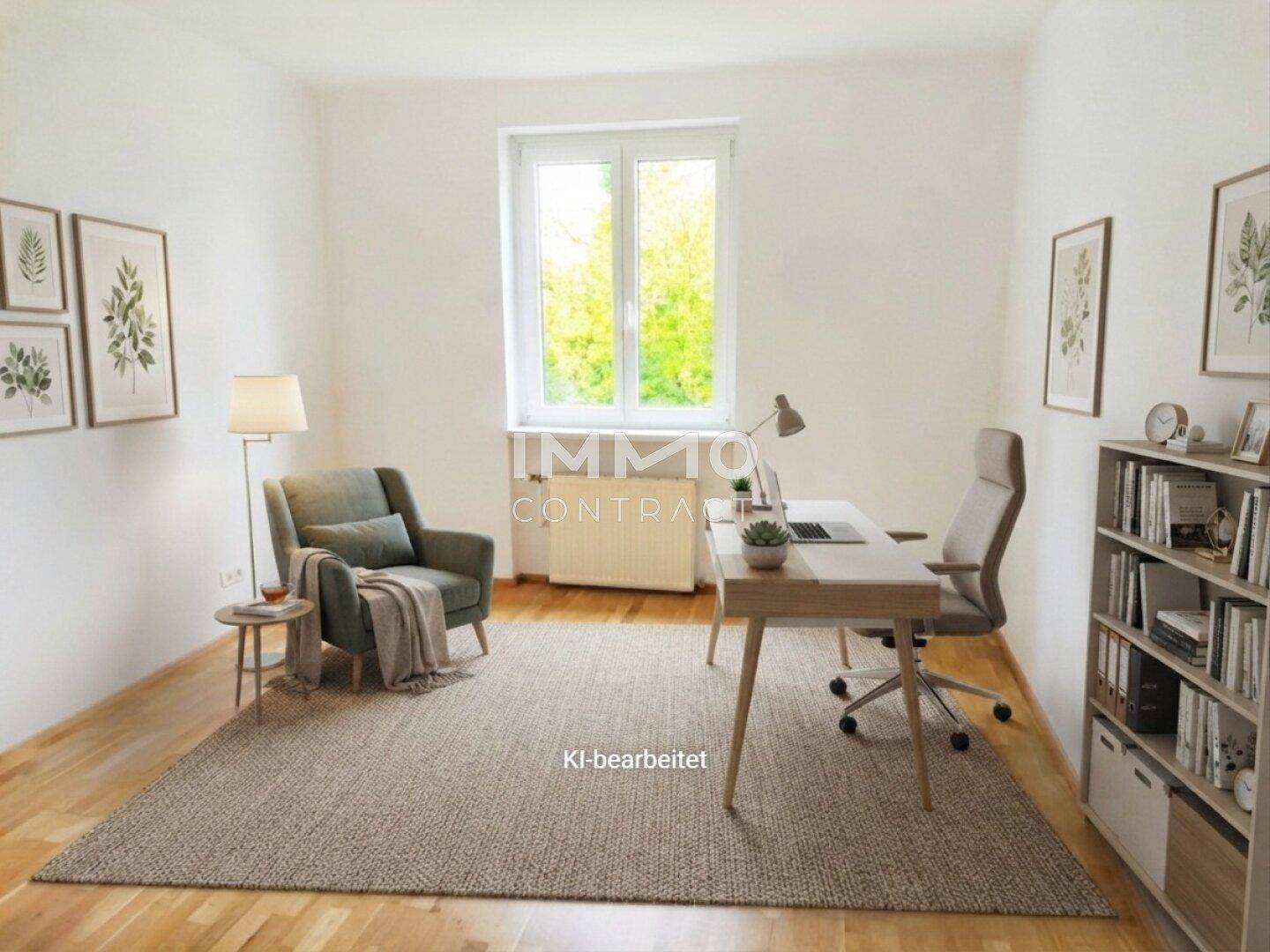 Virtuell eingerichtetes Arbeitszimmer mit Schreibtisch, Sessel und Blick ins Grüne.