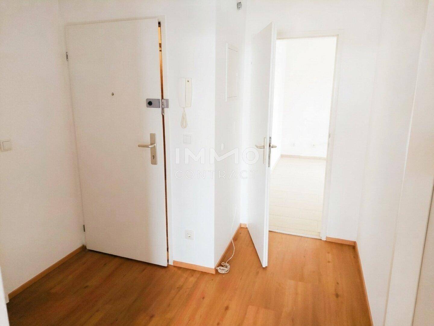 Heller Eingangsbereich mit Holzboden und weiß gestrichenen Wänden.