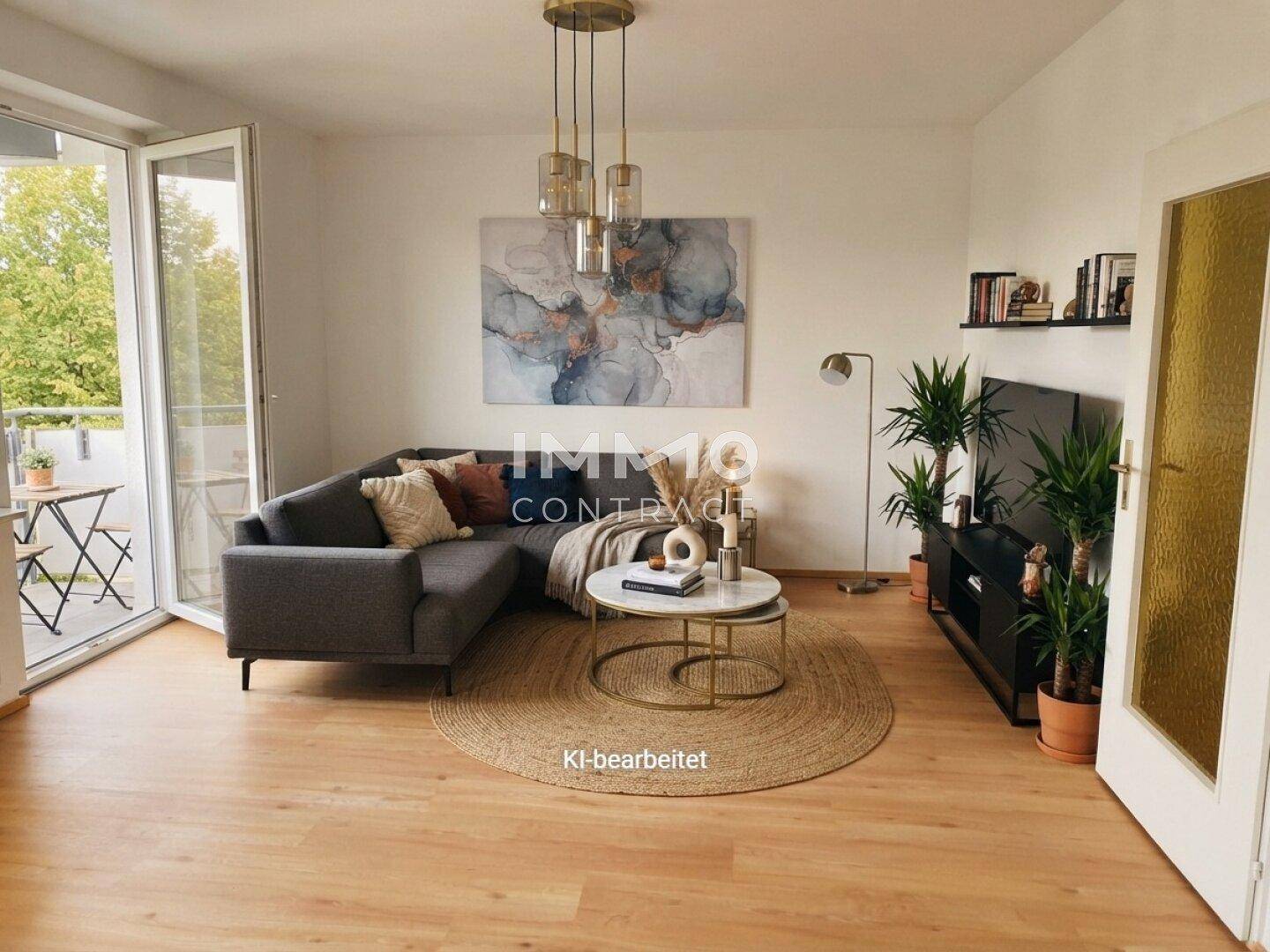 Modern eingerichtetes Wohnzimmer mit Ecksofa, Couchtisch und Balkonzugang.