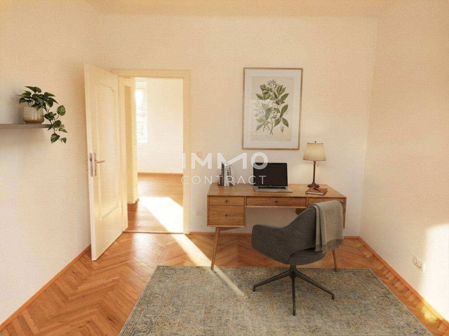 Virtuell inszeniertes Büro mit Fischgrätparkett, Schreibtisch und Blick in einen weiteren Raum.