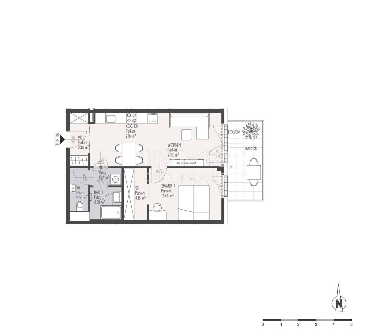 Grundriss einer Wohnung mit einem Schlafzimmer, offener Küche, separatem WC und Loggia.