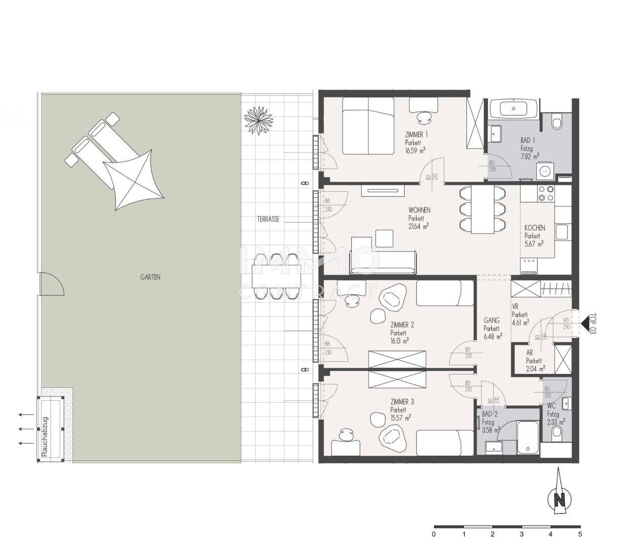 Grundriss einer Wohnung mit drei Zimmern, offenem Wohnbereich, Terrasse und Garten.