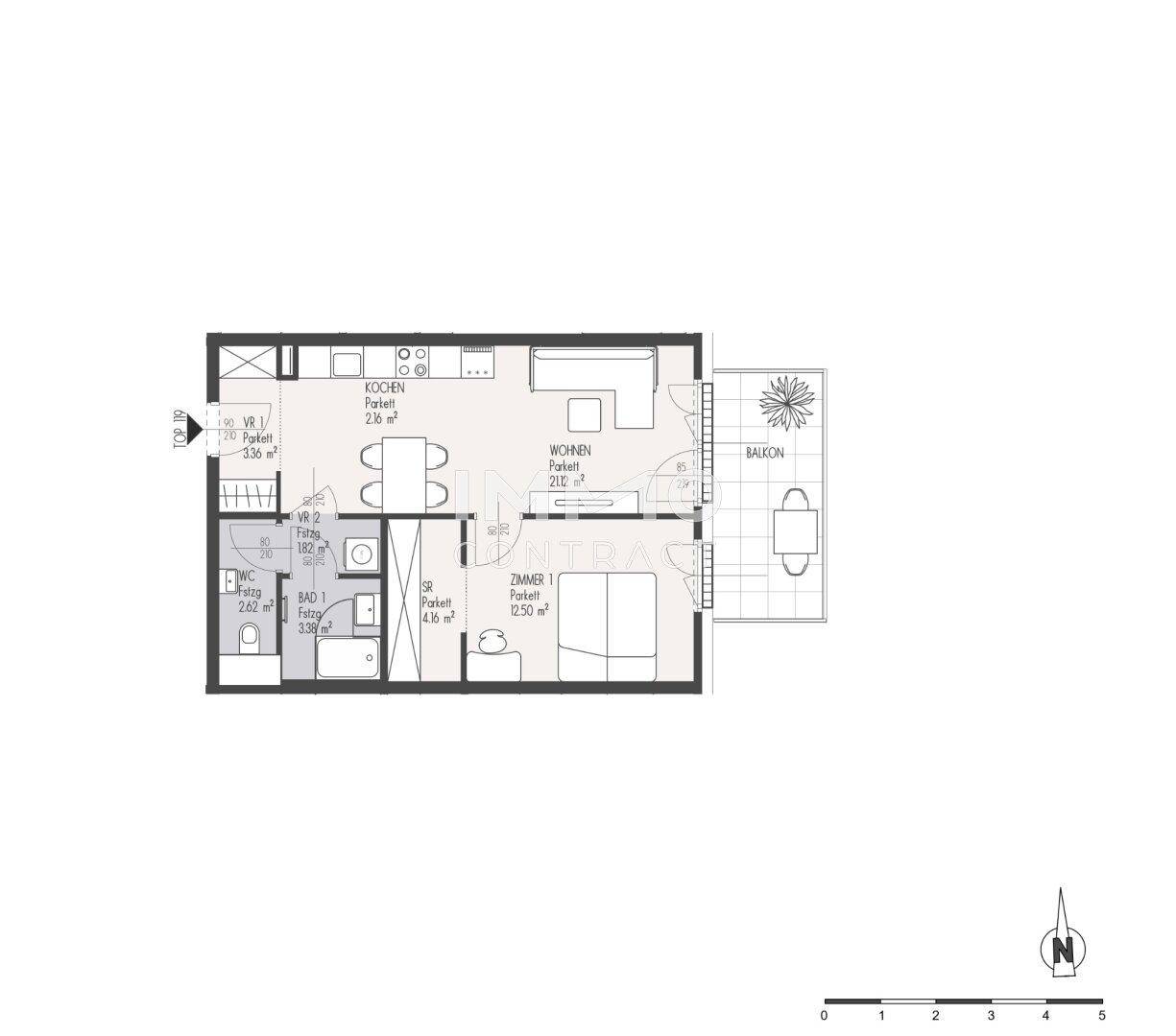 Grundriss einer Wohnung mit einem Schlafzimmer, offenem Wohnbereich und Balkon.
