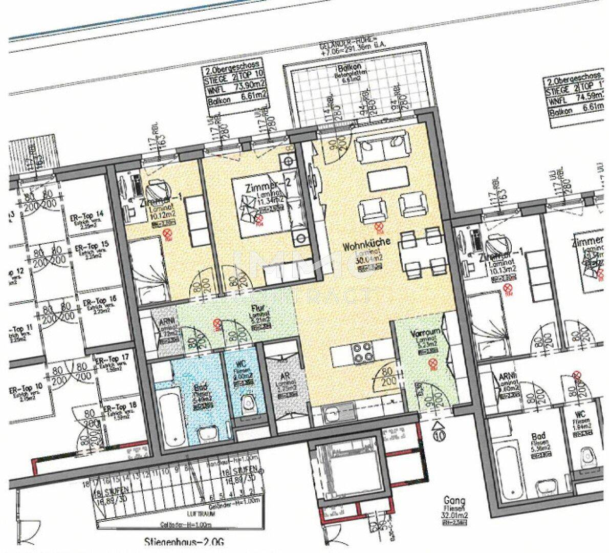 Grundrissplan des 2. Obergeschosses mit zwei separaten Wohnungen, jeweils mit offener Wohnküche, Schlafzimmern, Bad und Balkon.