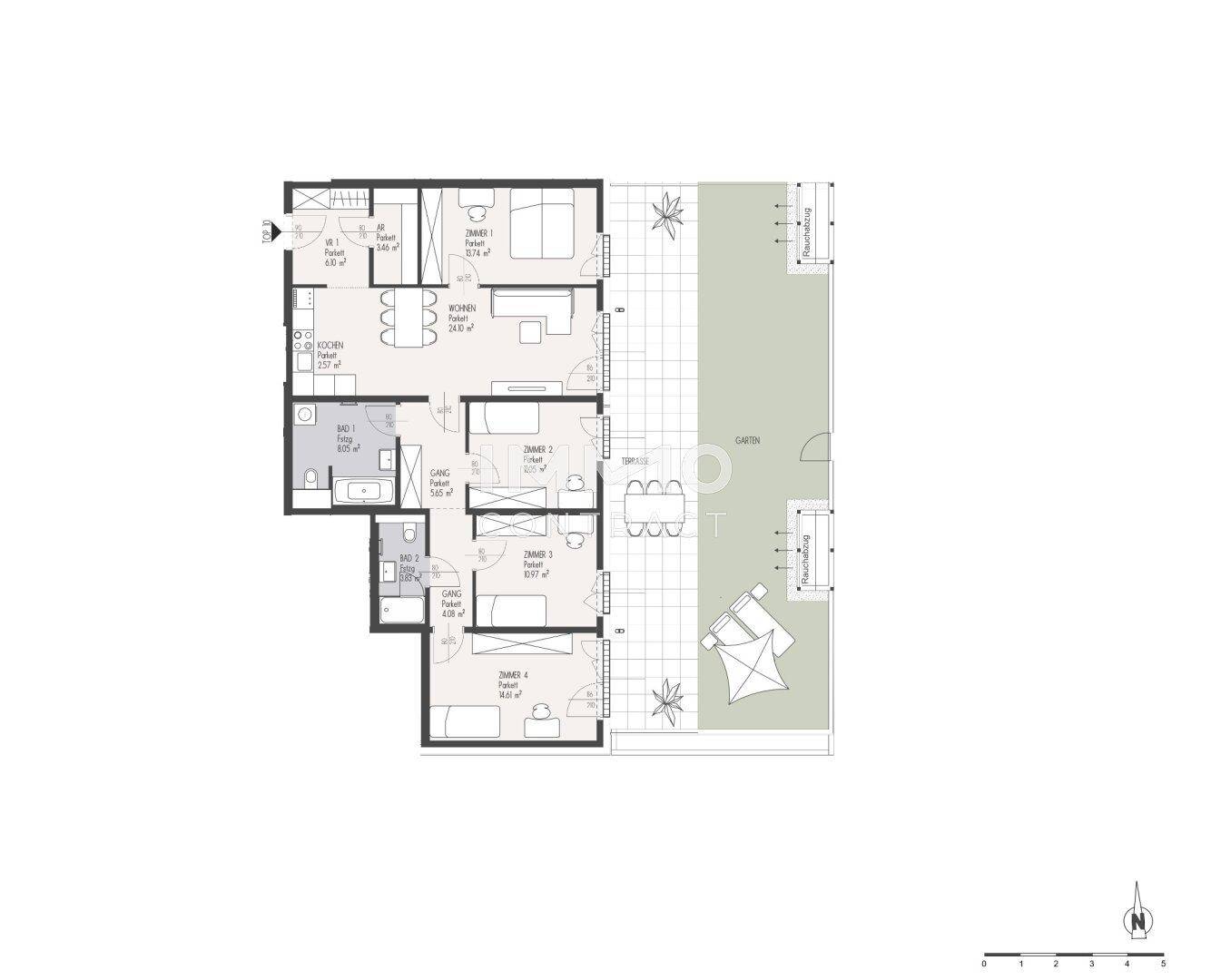 Grundriss einer Wohnung mit vier Zimmern, zwei Bädern, Balkon und Gartenanteil.