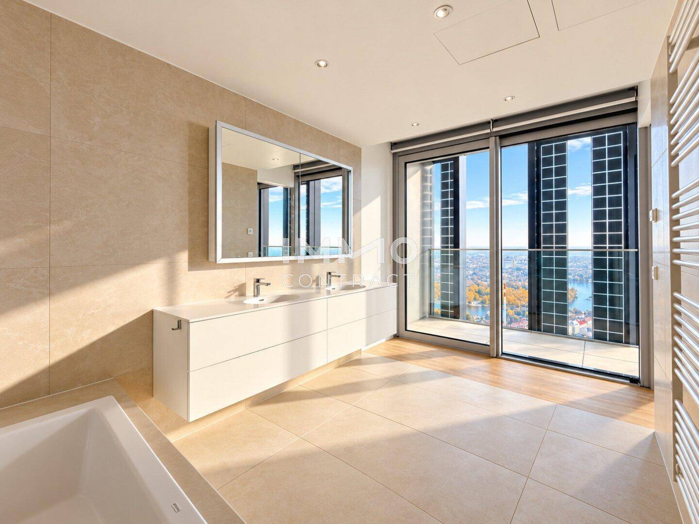 Modernes Badezimmer mit Doppelwaschbecken, Badewanne und großformatigen Fliesen, bietet einen weiten Ausblick.
