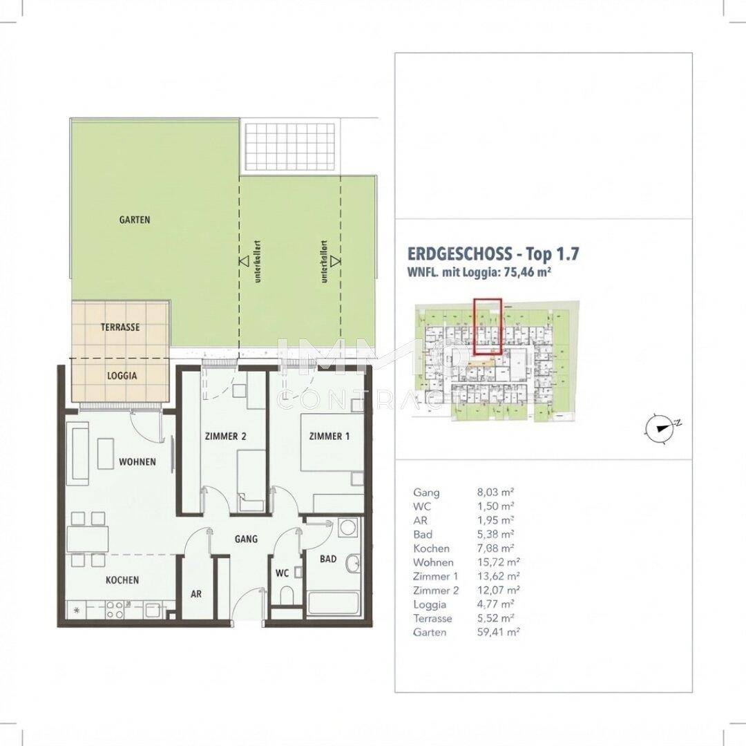 Grundriss einer Erdgeschosswohnung mit Terrasse, Loggia und Garten, inklusive Raumgrößen.