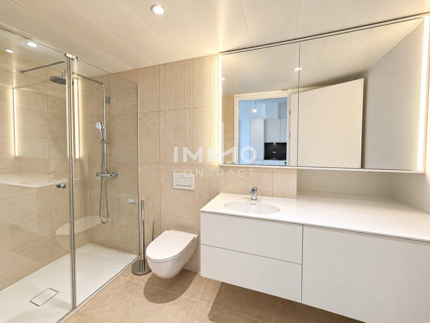 Modernes Badezimmer mit begehbarer Dusche, Wand-WC und großem Spiegelschrank.