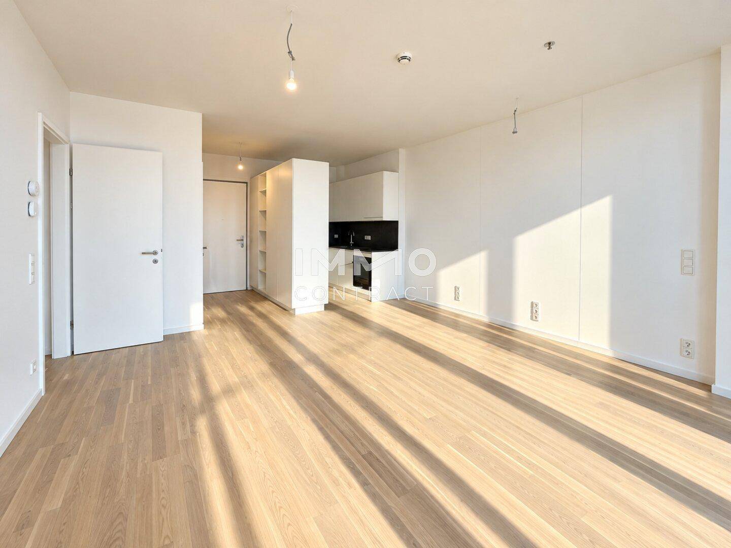 Heller Wohnraum mit Parkettboden, Einbauregalen und Zugang zu anderen Bereichen der Wohnung.