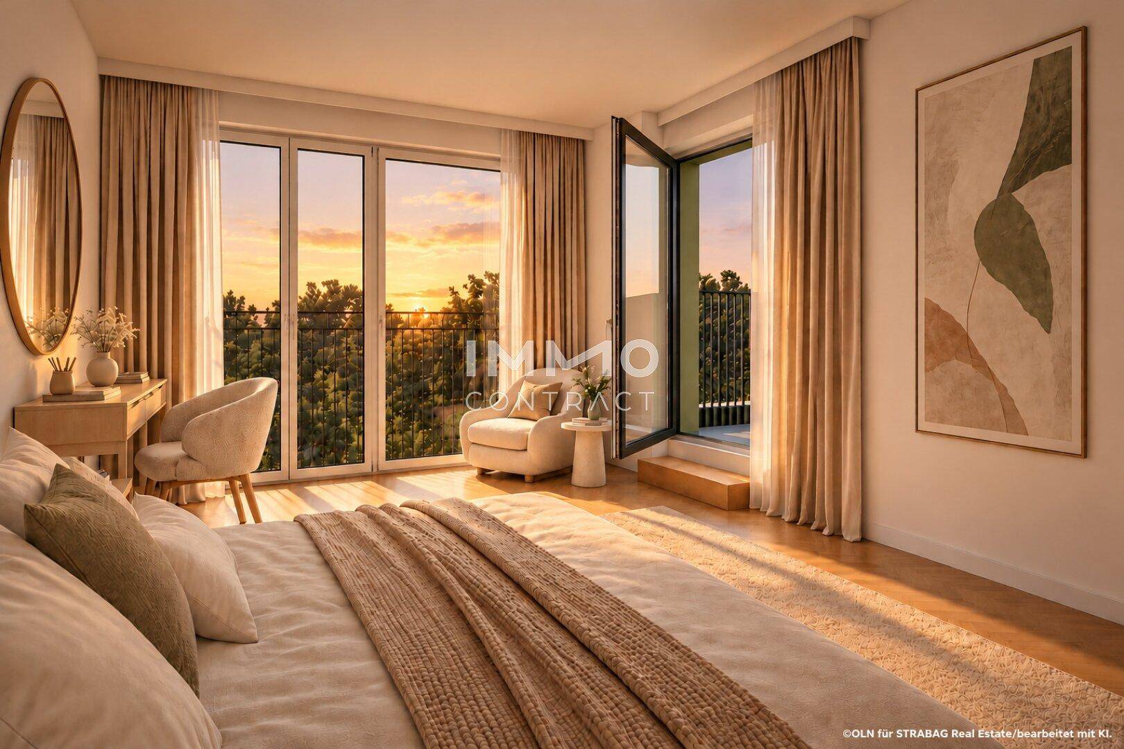 Gemütliches Schlafzimmer mit großem Fenster, Zugang zum Balkon und warmem Sonnenuntergangsblick.
