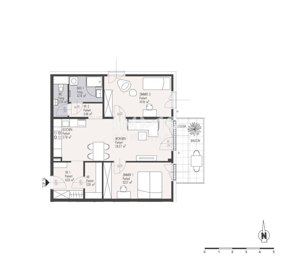 Grundriss einer Wohnung mit zwei Schlafzimmern, offenem Wohnbereich, Loggia und Balkon.