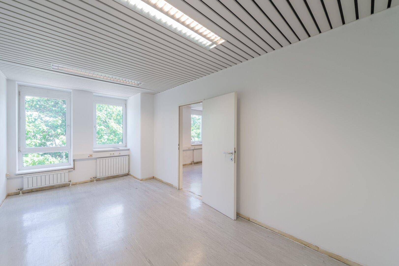 Geräumiger Büroraum mit weiß gestrichenen Wänden, einer Lamellendecke und Blick ins Grüne.