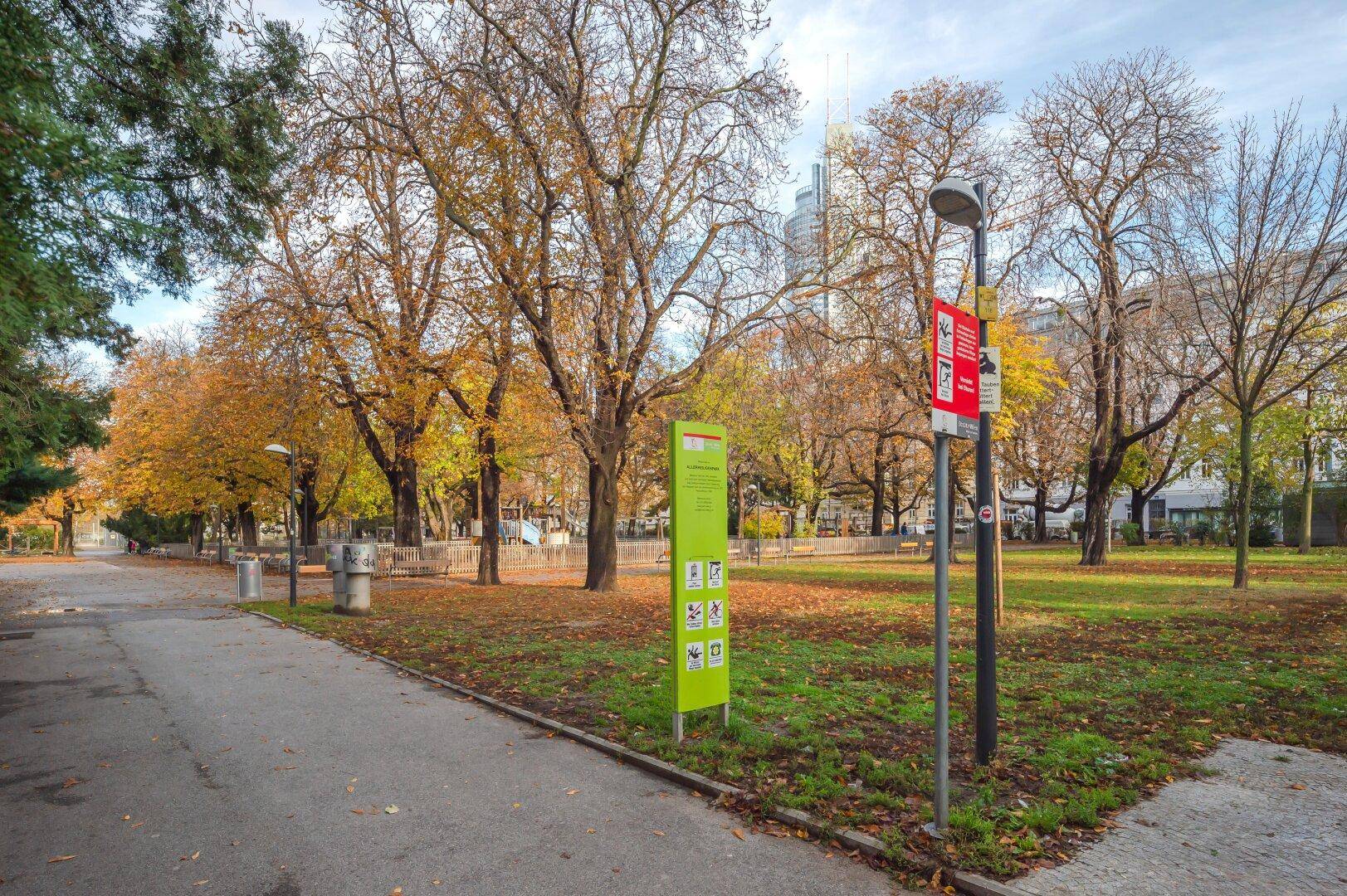 Herbstlicher Park mit bunten Bäumen und einem Spazierweg in der städtischen Umgebung.