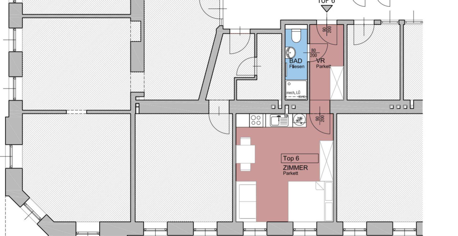 Grundriss der Wohnung Top 6 mit Bad und Zimmer, gekennzeichnet mit Parkettboden.