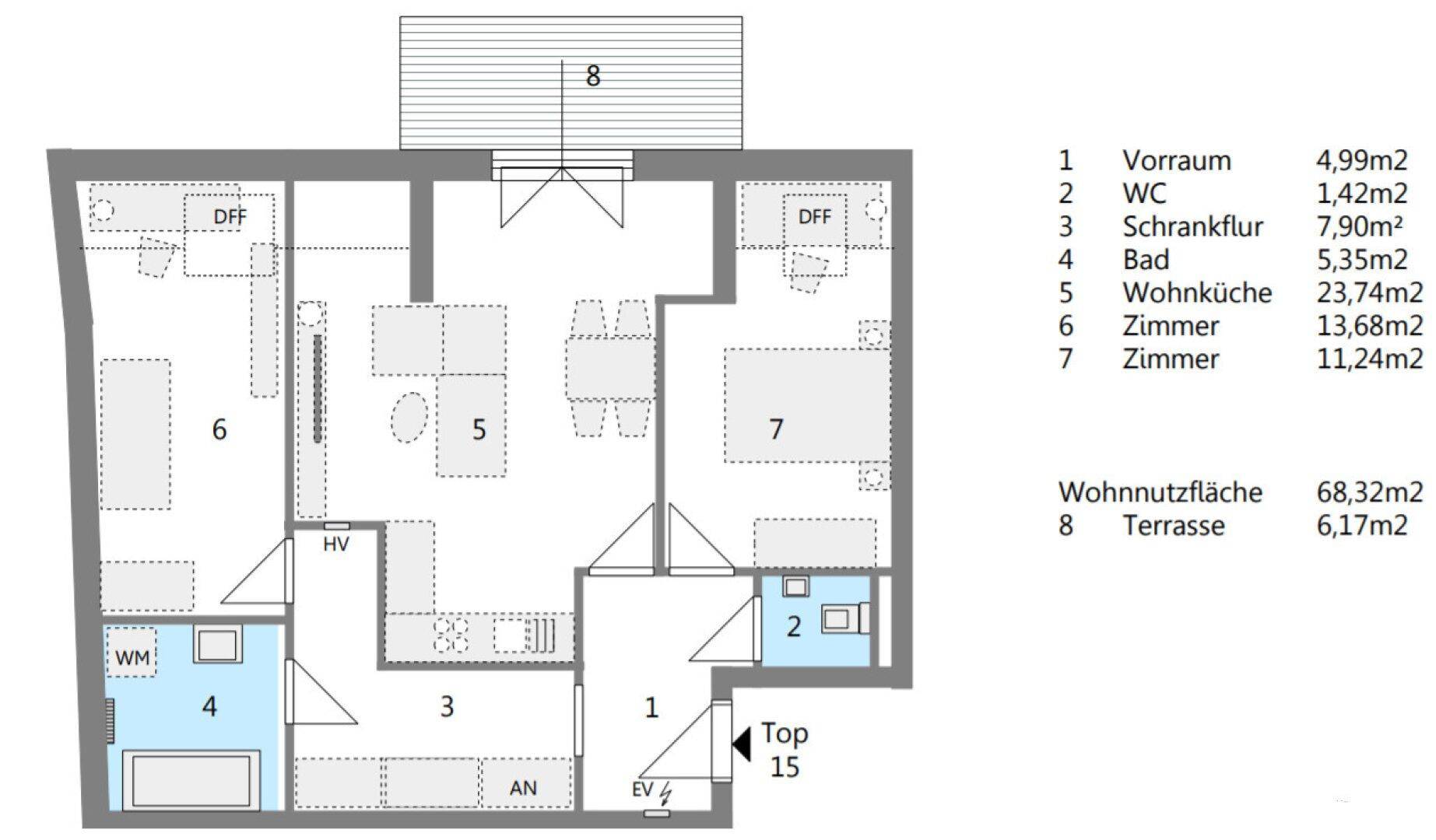Grundriss der Wohnung mit Wohnküche, zwei Zimmern, Bad, WC und Terrasse.