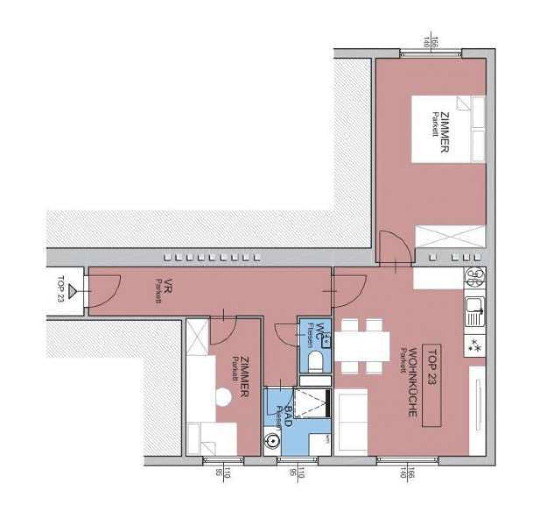 Grundriss der Wohnung mit Wohnküche, zwei Zimmern, Bad und separatem WC.