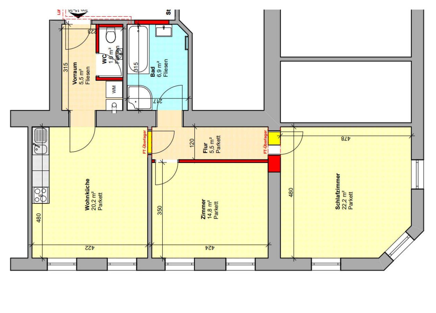 Grundriss einer Wohnung mit Wohnküche, zwei Zimmern, Bad und separatem WC.