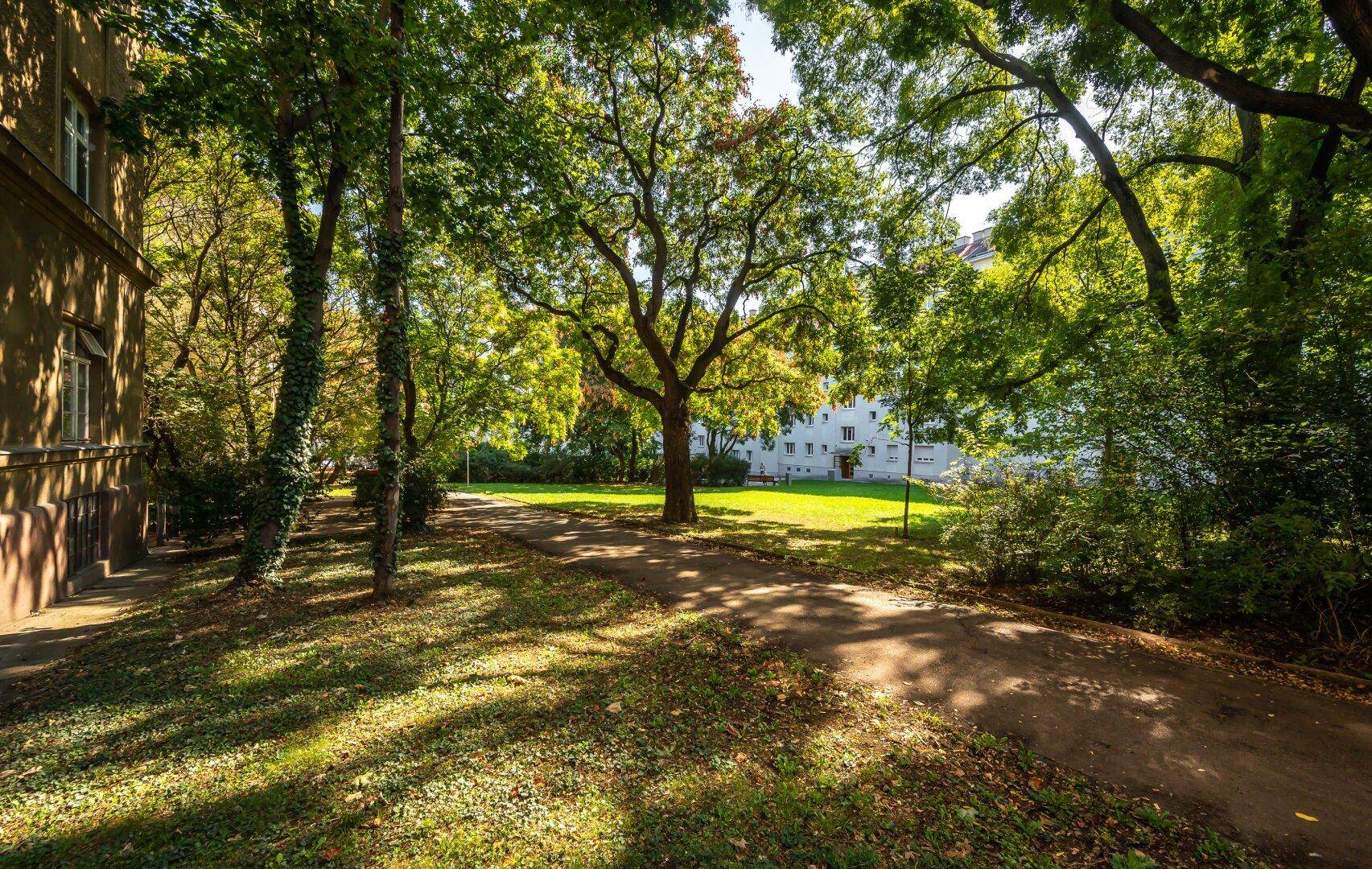 Grüner Gemeinschaftsgarten mit Bäumen und Wegen, ideal zur Erholung im Freien.