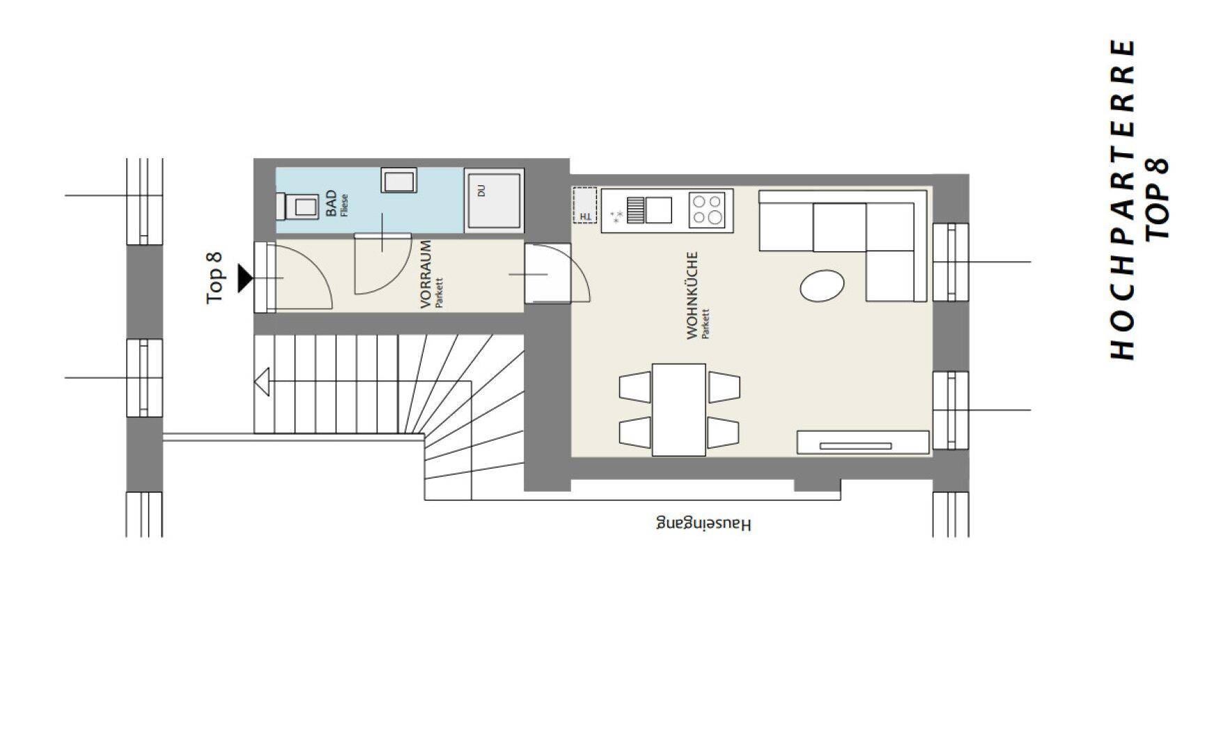 Grundriss der Hochparterre-Wohnung Top 8 mit offener Wohnküche und separatem Bad.