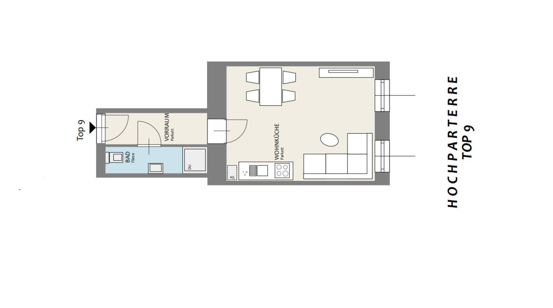 Grundriss der Wohnung Top 9 im Hochparterre mit offenem Wohn- und Küchenbereich.