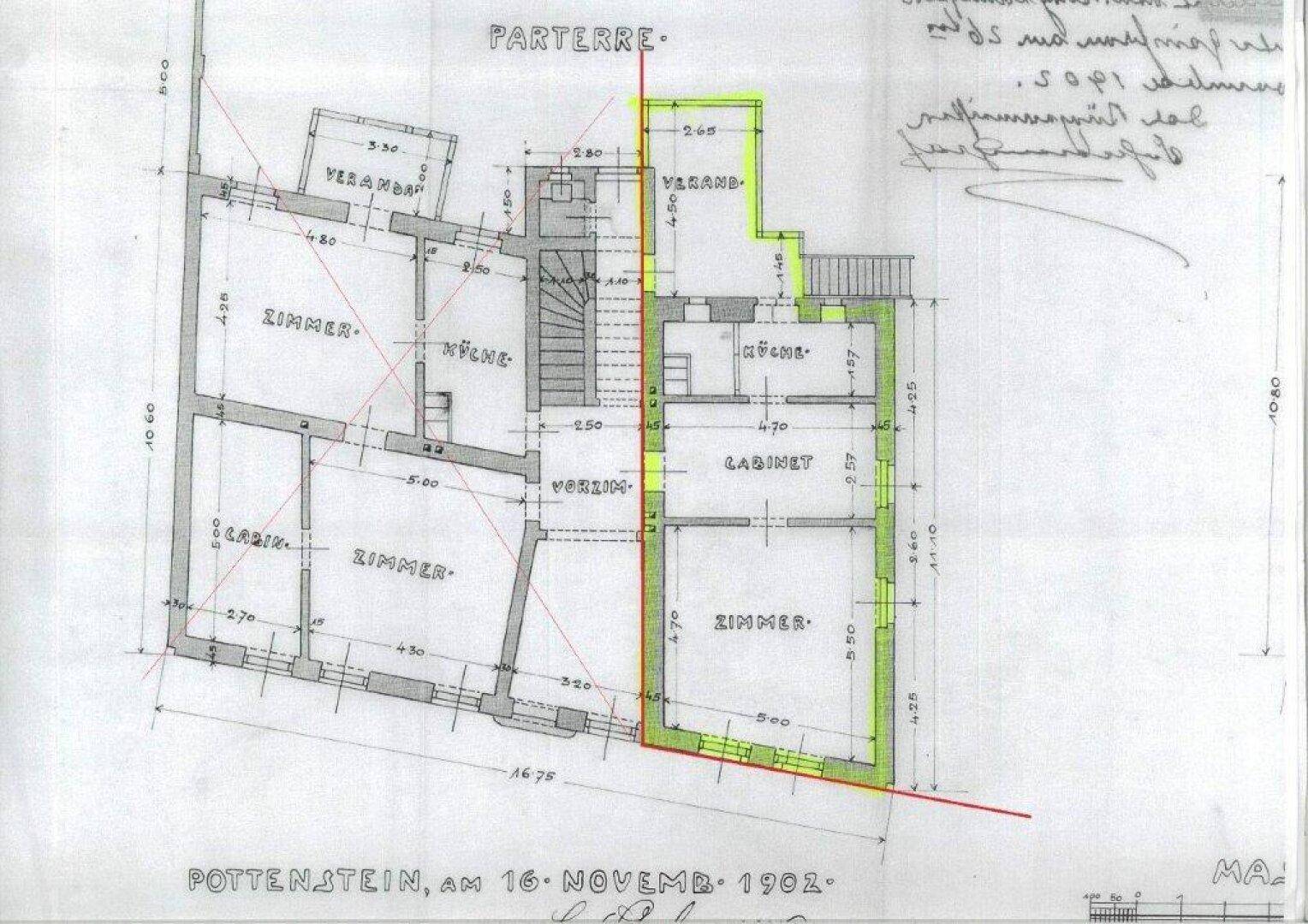 Grundriss des Erdgeschosses mit Zimmern, Küche und Veranda, datiert 1902.