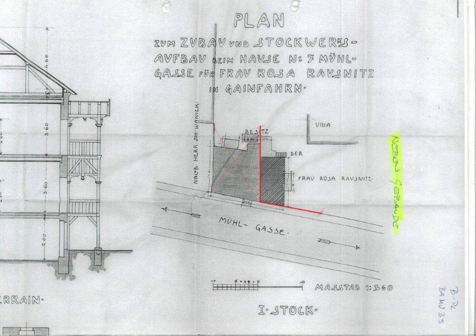 Historischer Plan zeigt den Gebäudeschnitt und die Lage des Hauses an der Mühlgasse.