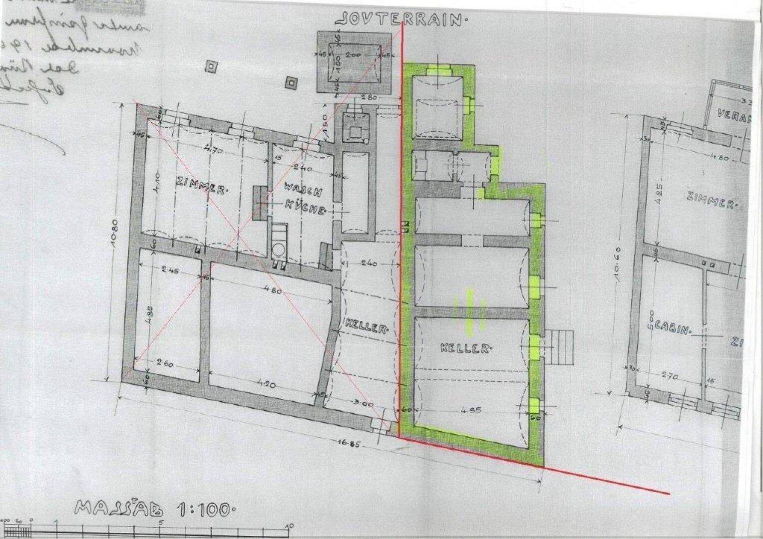 Grundriss des Untergeschosses mit Kellerräumen und Waschküche, datiert 1902.