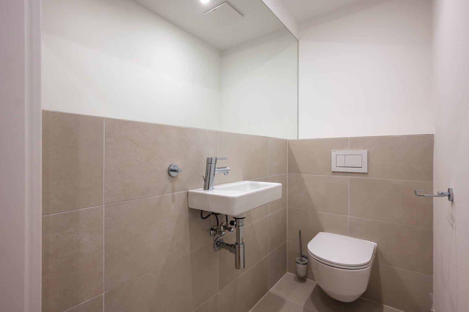 Modernes Gäste-WC mit wandhängender Toilette, kleinem Waschbecken und großem Wandspiegel.