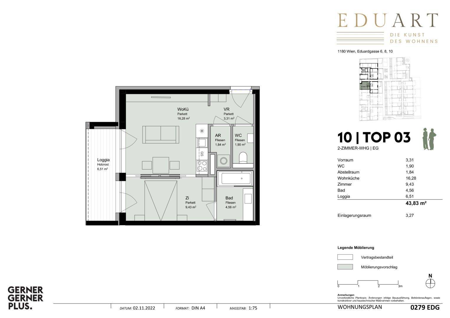 Grundriss einer 2-Zimmer-Wohnung im Erdgeschoss mit Loggia und separatem WC.