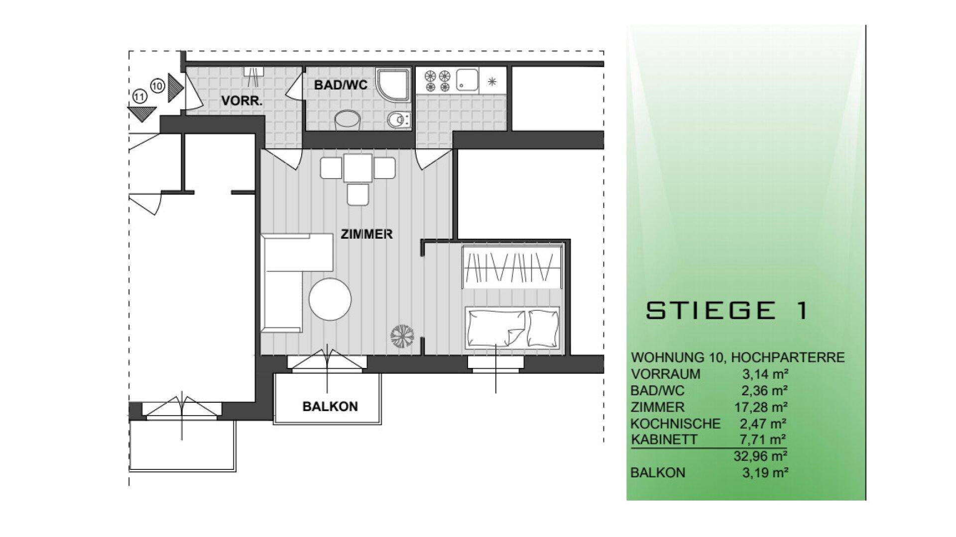 Grundriss der Wohnung 10 im Hochparterre mit Balkon und Kochnische.