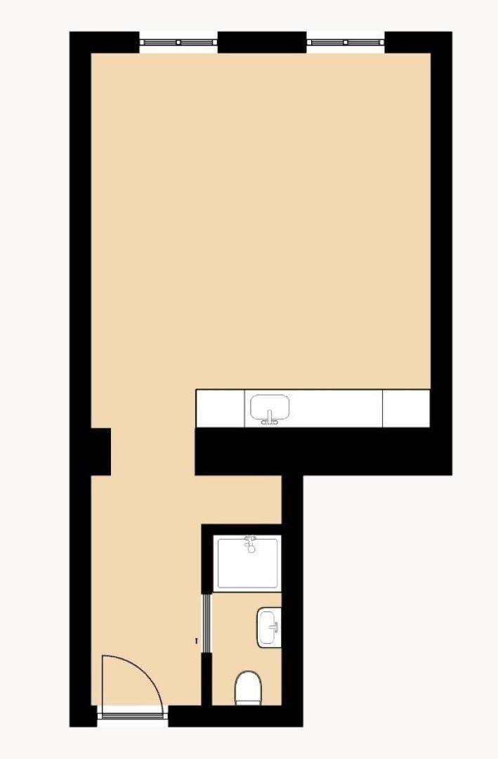 Grundriss einer Wohnung mit offenem Wohnbereich und separatem Badezimmer.