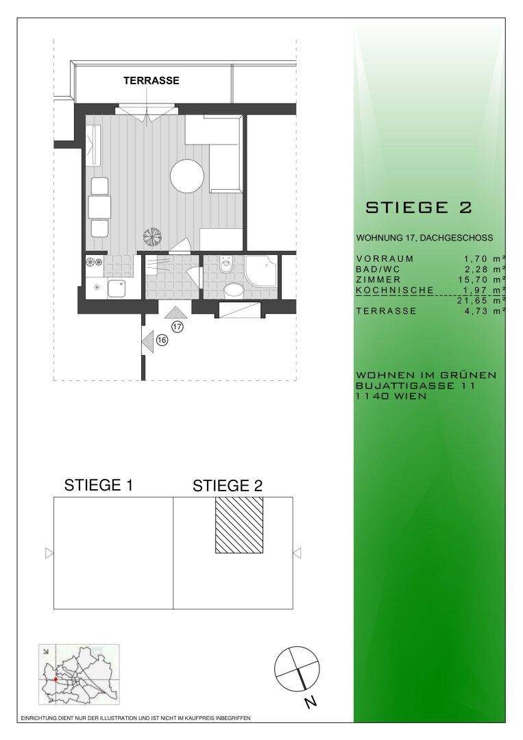 Grundriss der Wohnung 17 im Dachgeschoss mit Terrasse und Kochbereich.