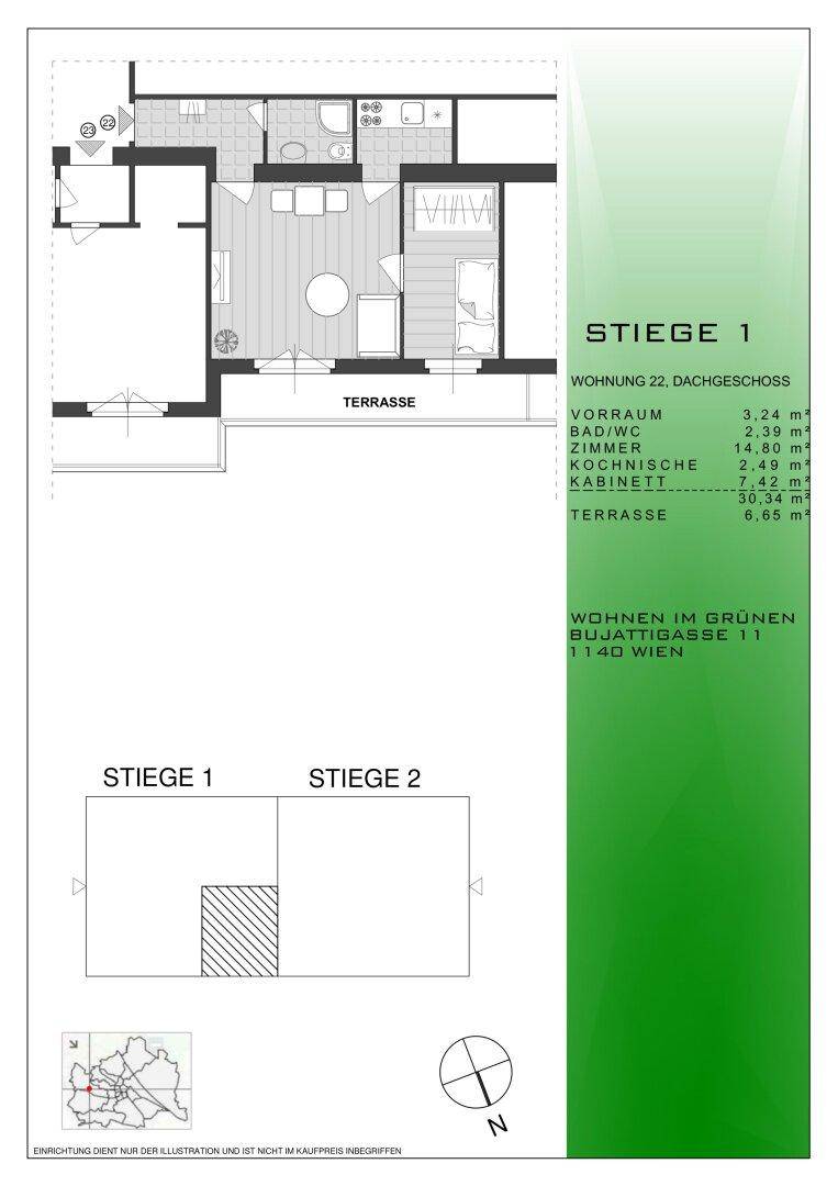 Grundriss der Dachgeschosswohnung 22 mit Terrasse, Bad/WC, Zimmern und offener Raumaufteilung.