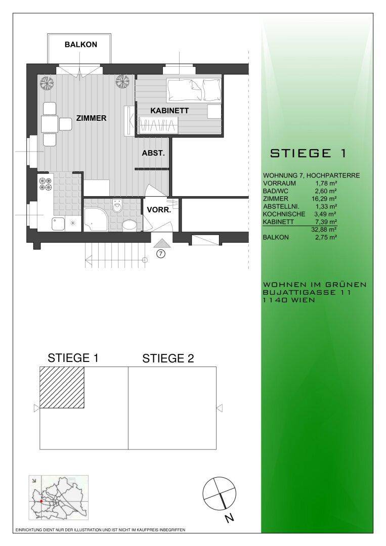 Grundriss der Wohnung 7 im Hochparterre mit Balkon und separatem Kabinett.