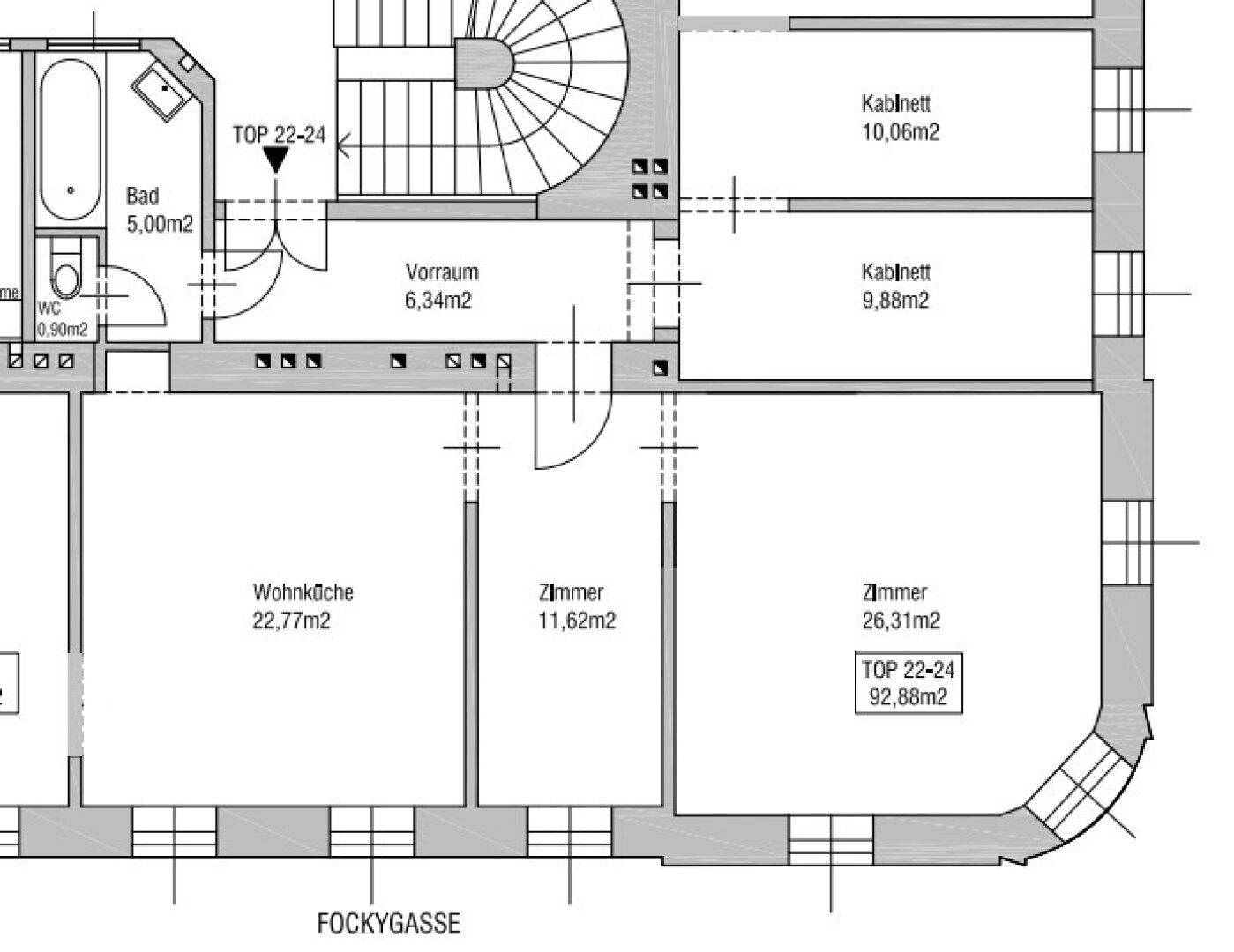 Grundriss der Wohnung mit Zimmern, Bad, WC und Vorraum, inklusive Flächenangaben.