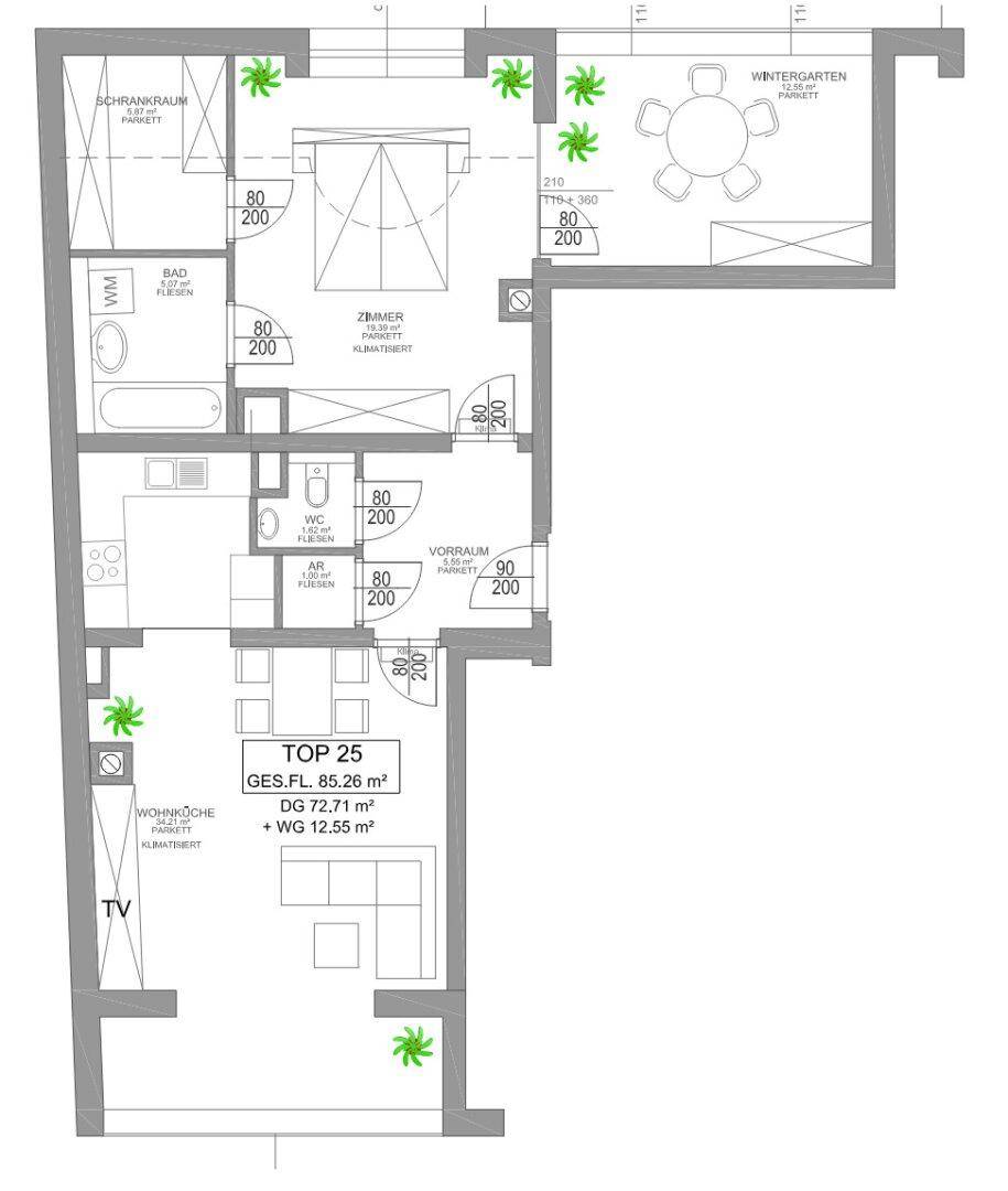 Grundriss einer Wohnung mit 85,26 m² Wohnfläche, Wintergarten und Schrankraum.