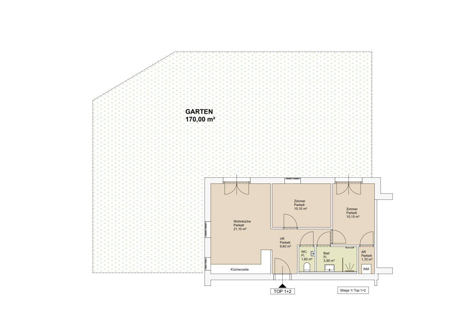 Grundriss einer Wohnung mit offener Wohnküche, zwei Zimmern, Bad, separatem WC und großem Garten.