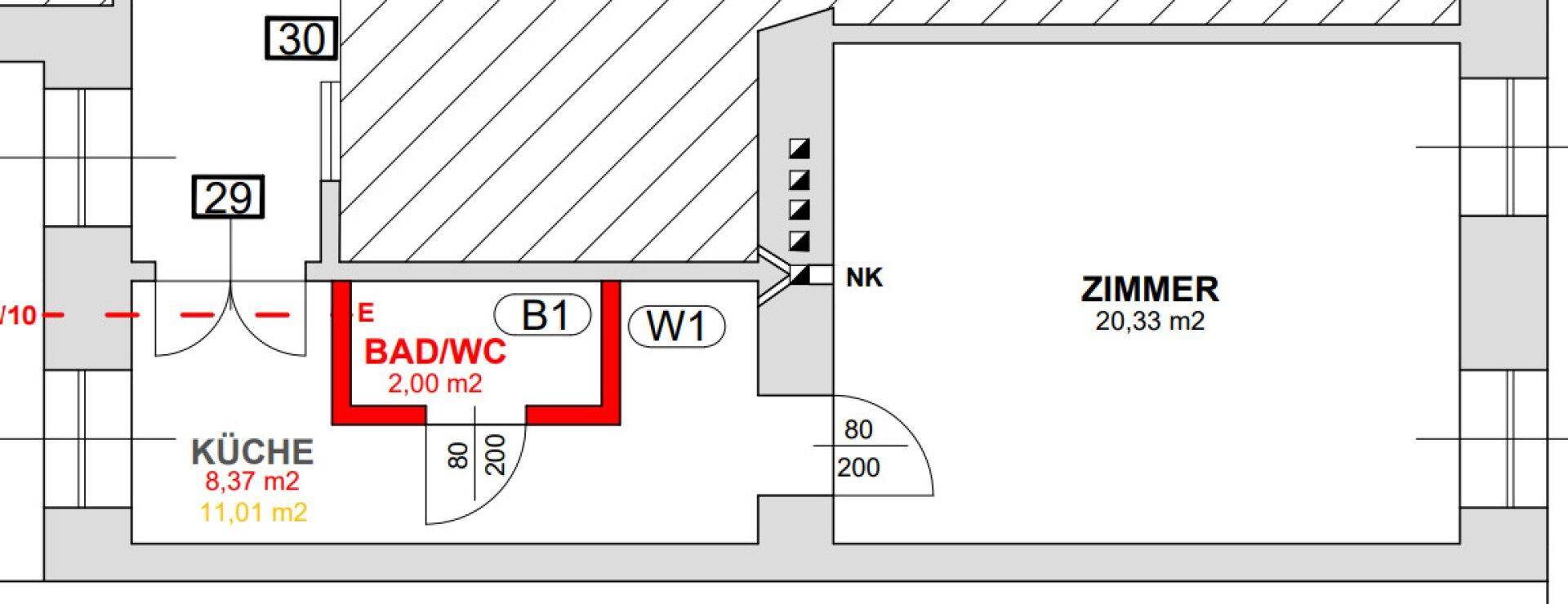 Grundrissplan mit Zimmer, Bad/WC und Küche, inklusive Flächenangaben.