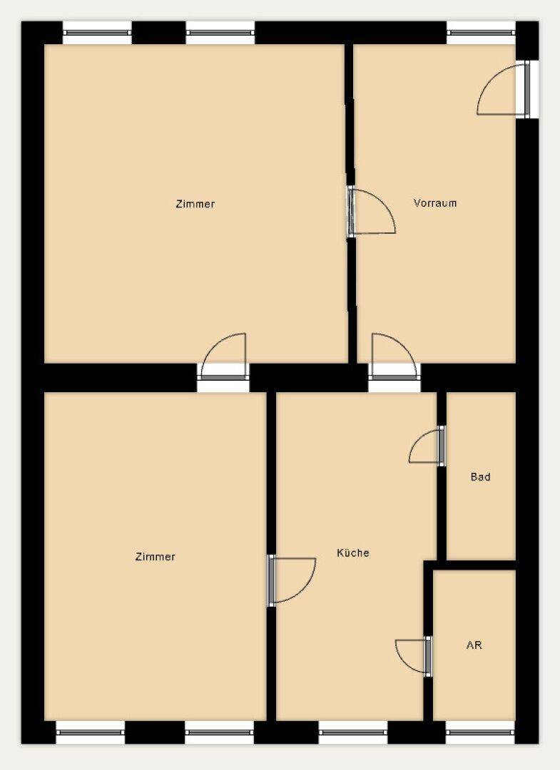 Grundriss einer Wohnung mit mehreren Zimmern, Küche, Bad und Abstellraum.