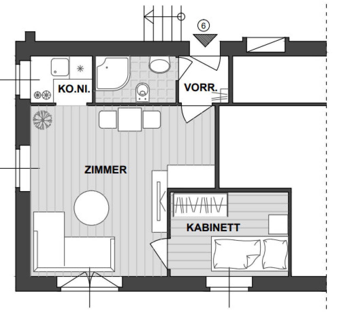 Grundriss einer Wohnung mit Zimmer, Kabinett, Bad und Kochnische, optimiert für kompaktes Wohnen.