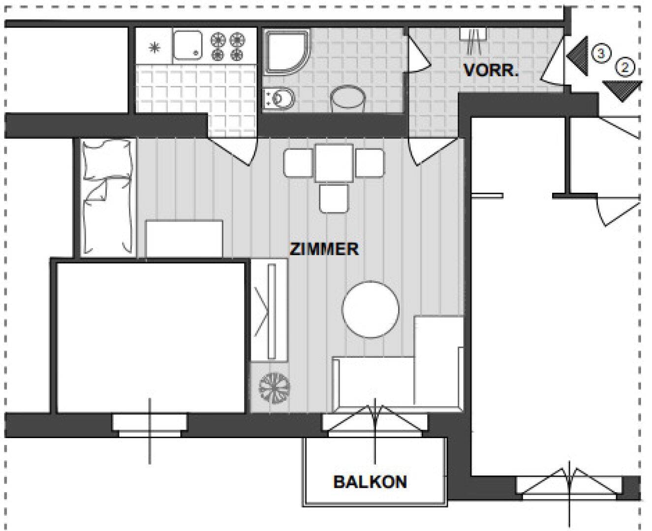 Grundriss einer kleinen Wohnung mit offenem Wohn-/Schlafbereich, separater Küche, Bad und Balkon.