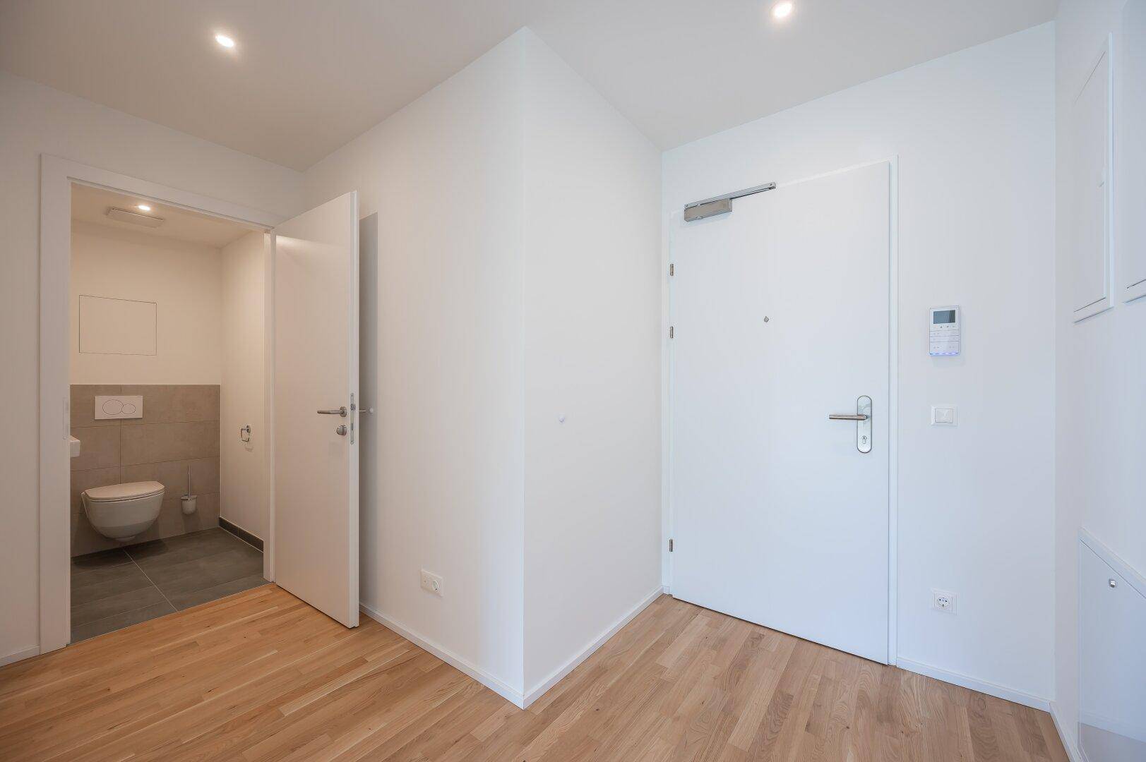 Eingangsbereich mit Holzboden und direktem Zugang zur Gästetoilette.