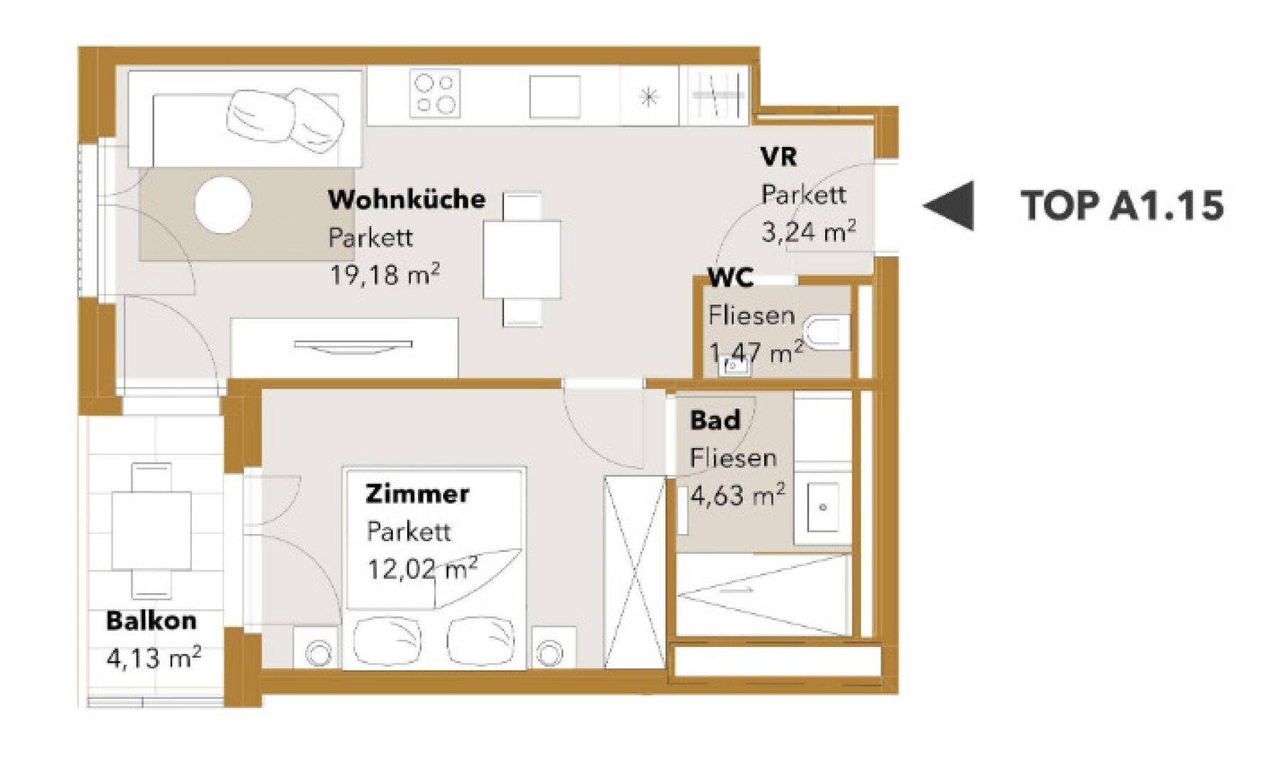 Grundriss der Wohneinheit TOP A1.15 mit Wohnküche, Zimmer und Balkon.