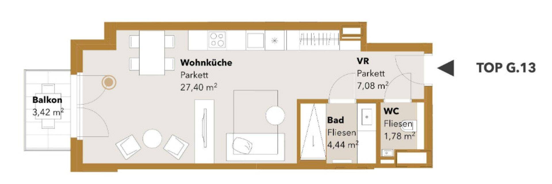 Grundriss der Wohnung TOP G.13 mit Wohnküche, Bad, WC und Balkon.