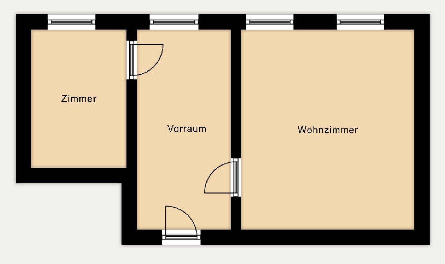 Grundrissplan mit drei Räumen: einem Zimmer, einem Vorraum und einem Wohnzimmer.