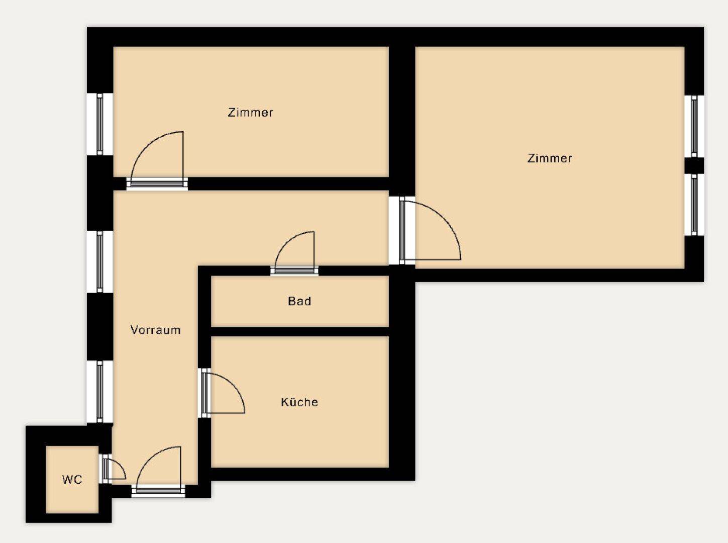 Grundriss mit Aufteilung in Zimmer, Bad, Küche, Vorraum und separates WC.